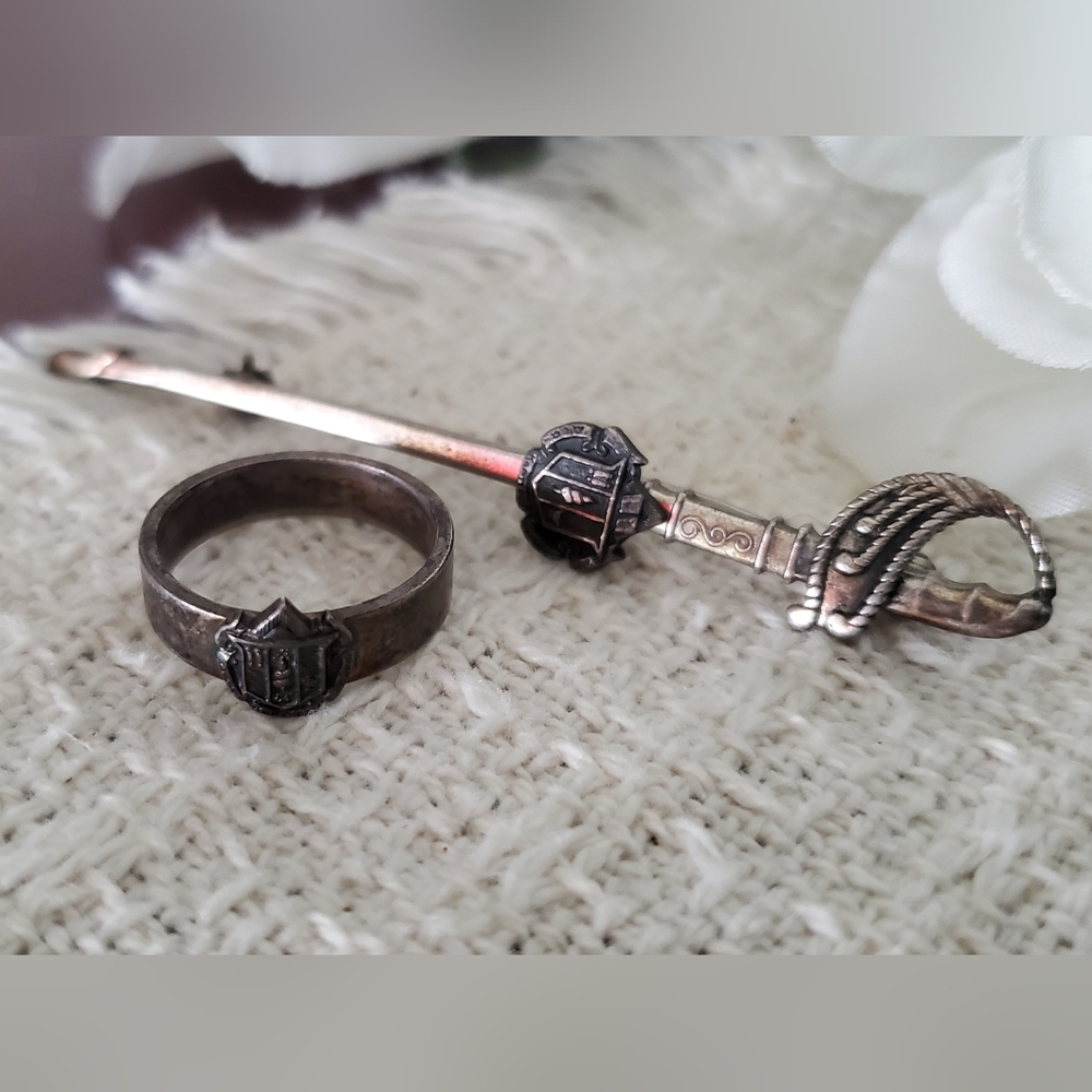 Antique Fraternity Sterling Silver Sword W/ Crest Pin Brooch & Sz 5 Ring. J-501